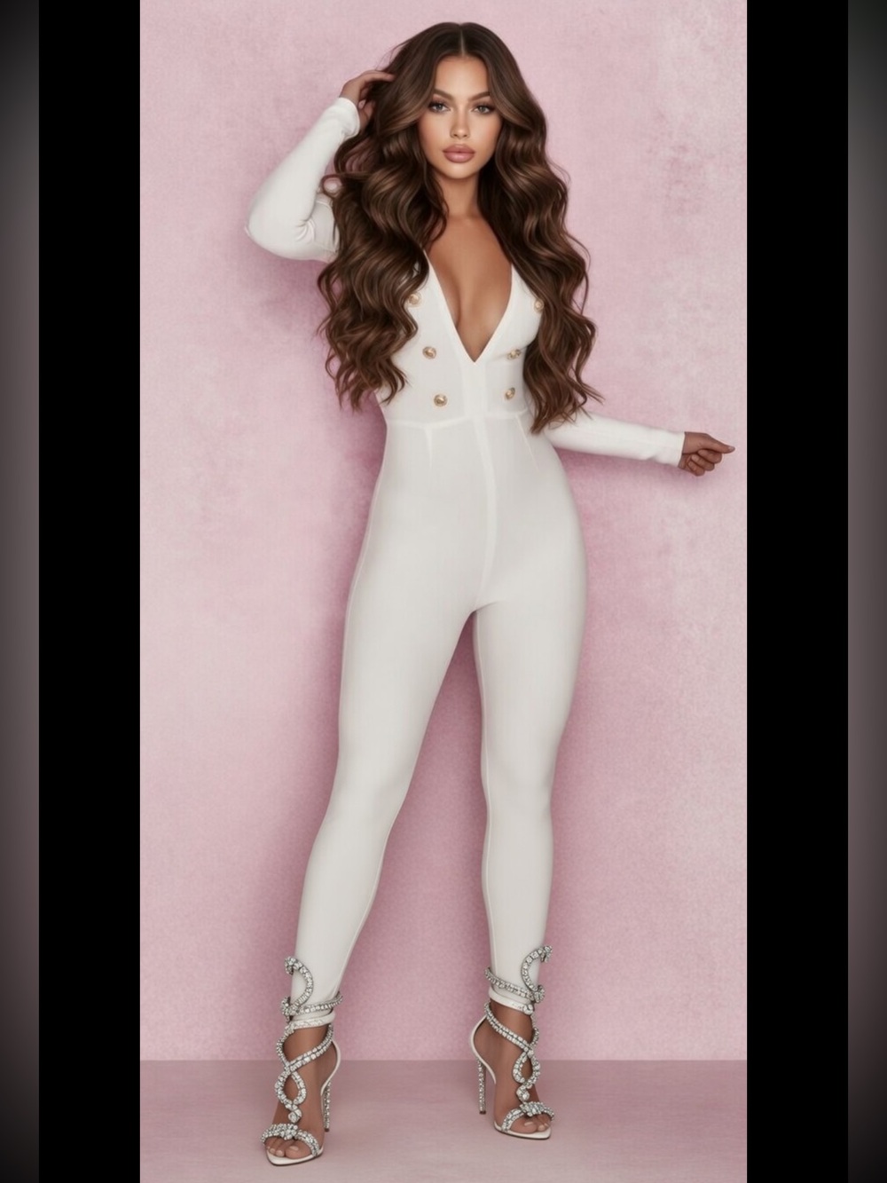 House of CB ‘ALANA’ Ivory Long-Sleeve Deep V Jumpsuit with Gold Buttons $289